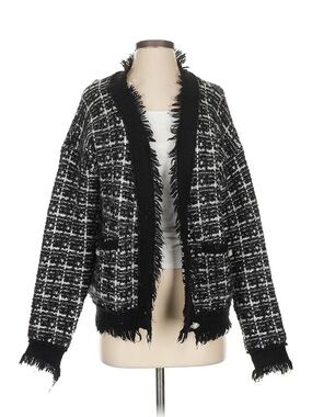 Black & White Tweed Fringe Open-Front Cardigan